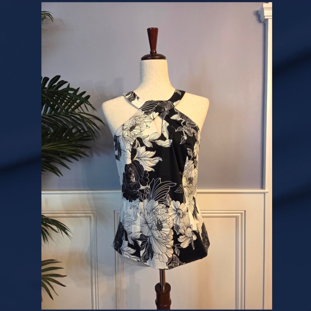 White House Black Market Halter Top Black & White Print